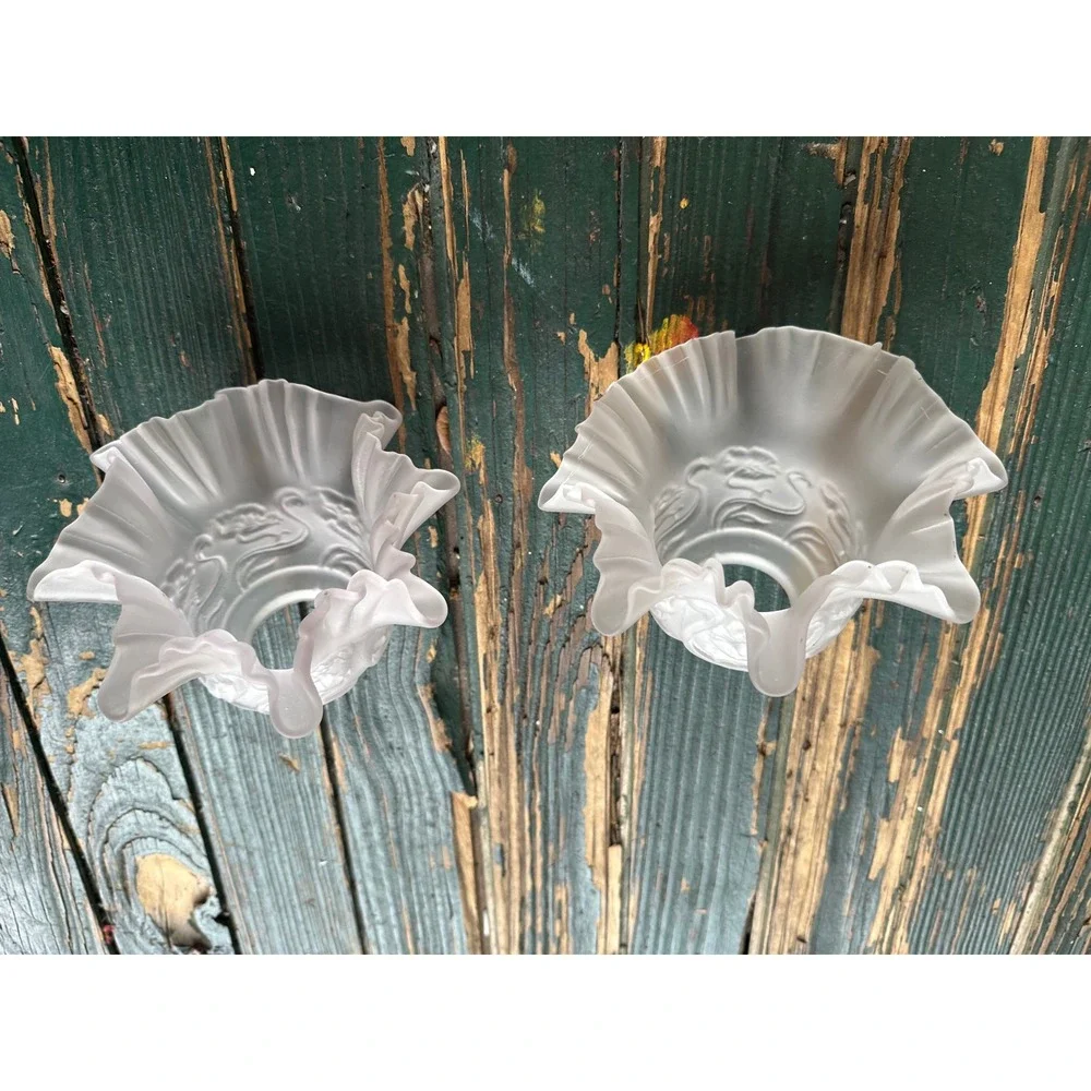 Vintage Frosted Glass Ruffled Lamp Shades Pair Floral Embossed Tulip 2.25 Fitter